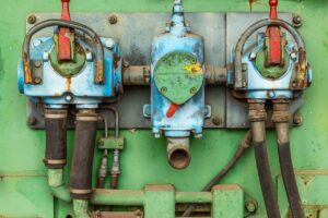 Close-up of aged and corroded industrial machinery showcasing rusty valves and pipes.